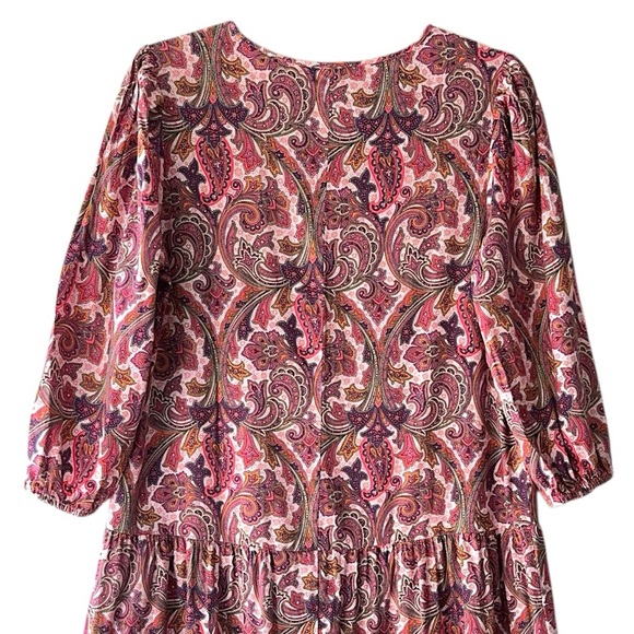LOFT | NWOT PINK PAISLEY DROP WAIST TIERED RUFFLE DRESS BOHO COTTON BLEND SMALL - Picture 8 of 10